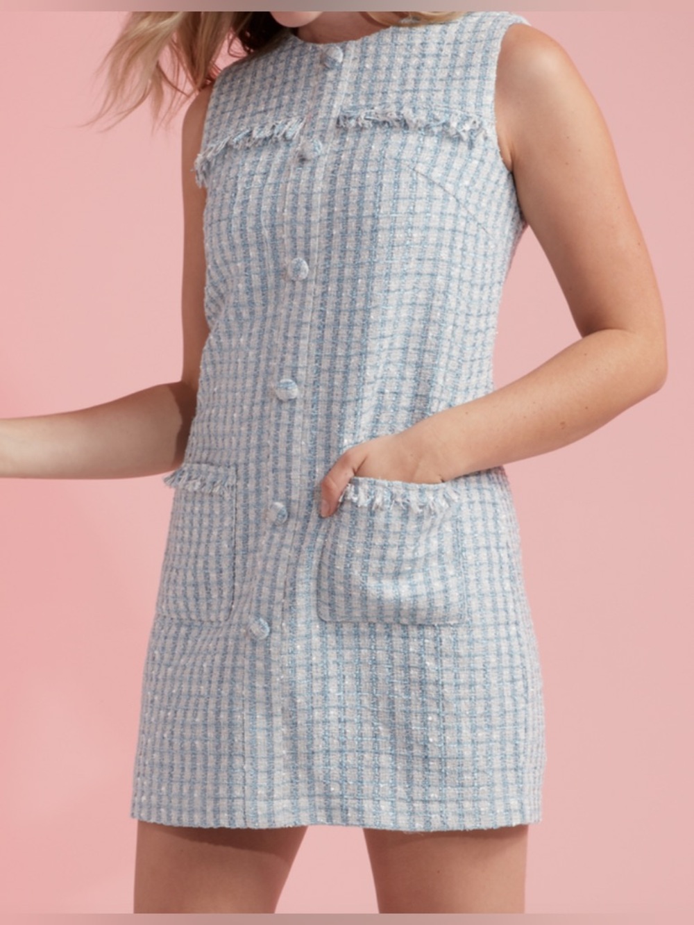 Hermoza / The Fortunata Tweed Boucle Shift Dress Blue/White - Sz. L - NWT